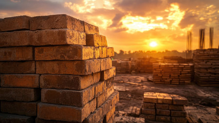 A serene sunset scene showcasing a brick yard with neatly stacked bricks, bathed in warm light, creating a tranquil and inviting ambiance.の素材