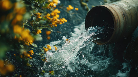 This captivating image features water flowing from a rustic pipe, surrounded by vibrant yellow flowers, creating a beautiful contrast in a serene natural setting.の素材
