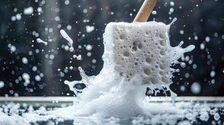 A close-up image of a cleaning sponge covered in soap bubbles, splashing energetically on a dark surface, invoking a sense of freshness and cleanliness.の素材
