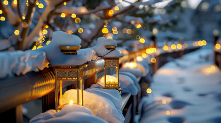 A serene winter scene featuring glowing lanterns atop a snow-covered railing, surrounded by delicate bokeh lights. A perfect capture of festive ambiance.の素材