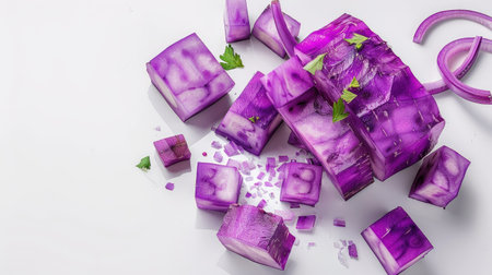 This vibrant composition showcases colorful purple vegetables, garnished with fresh mint leaves. Perfect for culinary photography and healthy meal inspirations.の素材