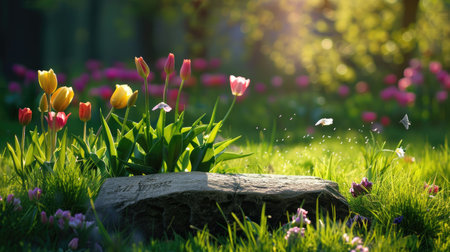 A stunning spring garden scene featuring vibrant tulips and various flowers blooming amidst lush green grass, illuminated by soft sunlight, creating a serene atmosphere.の素材