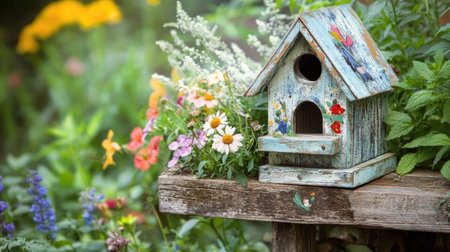 A delightful scene featuring a handcrafted wooden birdhouse surrounded by an array of colorful flowers, capturing the essence of garden tranquility.の素材