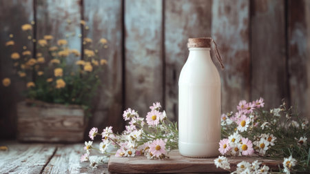 A charming still life composition featuring a glass bottle of fresh milk surrounded by blooming wildflowers on a rustic wooden table, evoking a sense of simplicity and nature's beauty.の素材