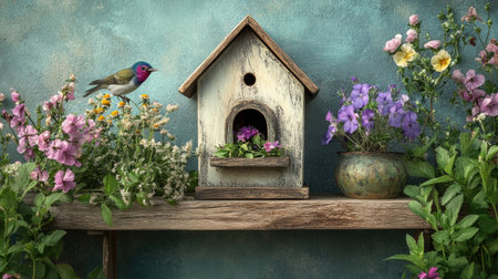 A quaint birdhouse stands on a rustic shelf adorned with bright flowers, inviting nature lovers to admire the beauty of spring and wildlife serenity.の素材