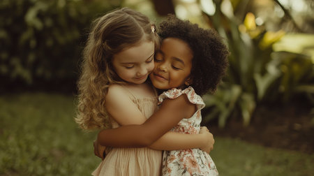 Two young girls share a tender embrace in a vibrant outdoor setting, surrounded by lush greenery and warm sunlight, capturing a precious moment of friendship.の素材