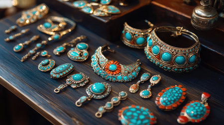 A stunning display of antique turquoise jewelry pieces arranged on a wooden surface, showcasing intricate designs and vibrant colors. This captivating collection features earrings, bangles, and necklaces that reflect rich cultural heritage and craftsmanship. Perfect for jewelry enthusiasts and art lovers.の素材