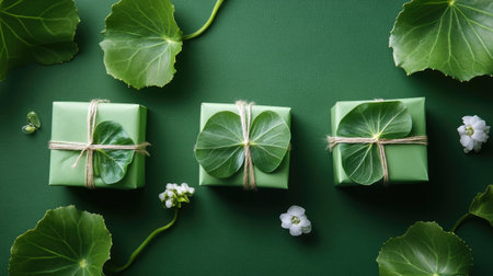 This captivating image features beautifully wrapped green gift boxes adorned with fresh leaves and delicate flowers, set against a harmonious green background, ideal for various occasions.の素材