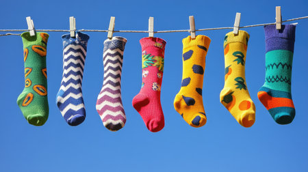A row of colorful socks hangs on a clothesline under a bright blue sky, showcasing various patterns and hues. This playful scene captures the essence of fun and creativity in everyday life.の素材