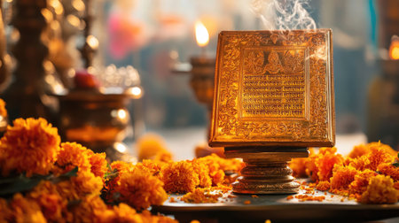A beautifully adorned golden religious book rests on a stand, surrounded by vibrant marigold flowers and wisps of incense smoke, creating a serene spiritual atmosphere.の素材