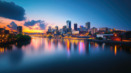 A captivating view of Pittsburgh's skyline during sunset, featuring a serene river reflecting the vibrant city lights. The picturesque scene showcases modern architecture and colorful clouds in the evening sky.の素材
