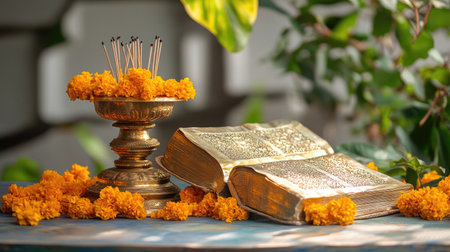 A beautifully arranged scene features an open sacred book with marigold flowers and incense sticks, creating a serene and spiritual atmosphere.の素材