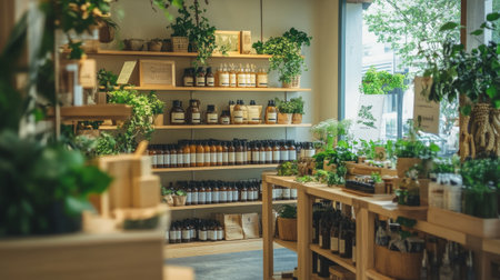 A peaceful indoor plant shop featuring a variety of herbal products and lush greenery. The inviting space emphasizes sustainability and natural beauty.の素材