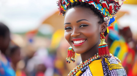 A radiant woman smiles brightly, adorned with traditional attire and colorful accessories, capturing the essence of cultural celebration and joy.の素材