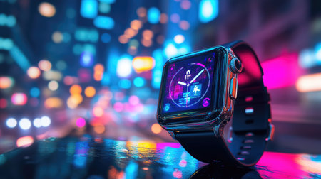 A sleek smartwatch stands out against a backdrop of dynamic city lights. The neon colors highlight modern technology, making it a perfect representation of innovation in design and lifestyle.の素材