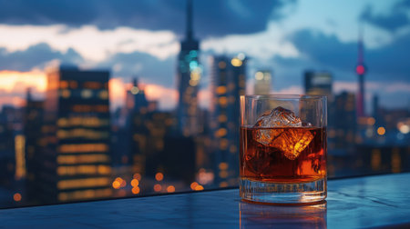 A glass of whiskey with ice sits elegantly against a stunning city skyline during dusk. The colorful sunset and bokeh lights create a serene atmosphere, perfect for relaxation.の素材