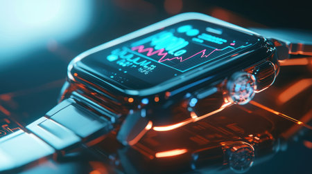 A sleek and modern smartwatch showcases a vibrant display of health data against a glowing background, perfect for illustrating cutting-edge technology and innovative design.の素材