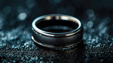 This stunning image features an elegant silver ring set against a dark textured background, enhanced by soft bokeh highlights that evoke a sense of luxury and sophistication.の素材