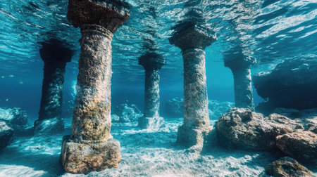 A captivating underwater scene featuring ancient pillars submerged in crystal-clear waters, surrounded by rocks and marine life. This serene environment highlights the beauty and mystery of historical ruins beneath the ocean's surface, inviting exploration and adventure.の素材