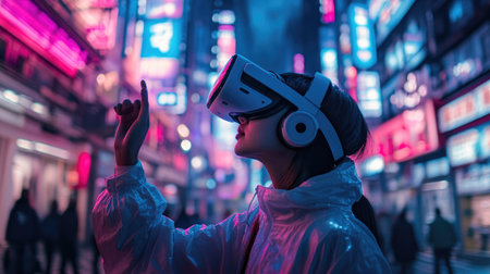 A young woman wears a virtual reality headset while engaging with a neon-lit urban environment, showcasing the intersection of technology and modern city life.の素材