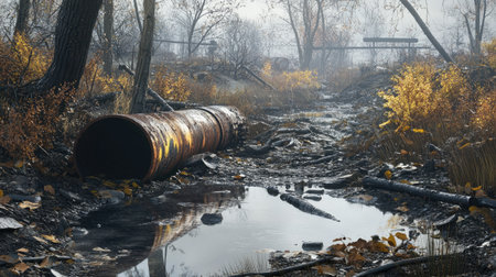 An evocative scene depicting an abandoned landscape featuring a rusted pipe amid murky water, surrounded by vibrant autumn foliage and gentle mist.の素材