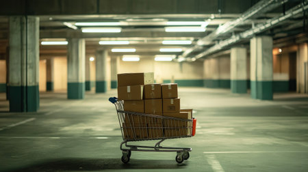 A shopping cart filled with cardboard boxes sits in an expansive, empty underground parking garage, evoking themes of retail logistics and storage solutions.の素材