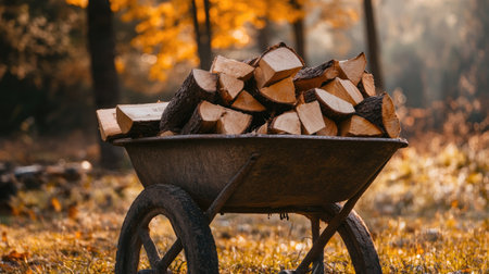 A rustic wheelbarrow is filled with neatly stacked firewood, set against a beautiful autumn landscape illuminated by warm sunlight. Perfect for nature lovers.の素材