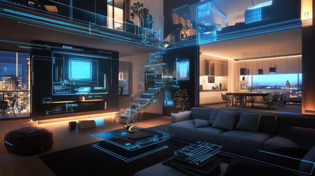 A stunning modern home interior featuring a spacious living area, futuristic technology visuals, and urban city views, perfect for innovative lifestyles.の素材