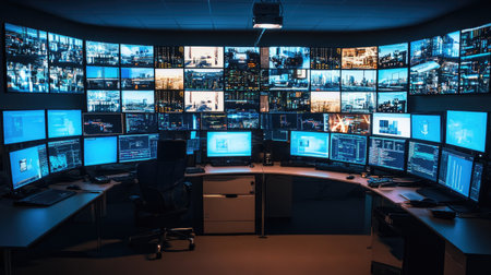 A high-tech control room filled with multiple screens displays detailed data, graphs, and digital interfaces in a modern office. This setup represents innovation and productivity.の素材