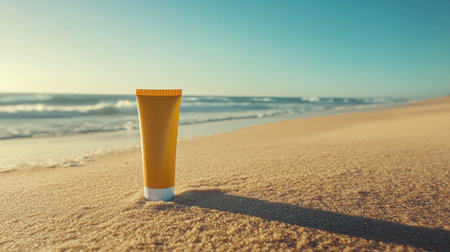 A vibrant yellow sunscreen tube is positioned on golden sand by the beach, with gentle waves lapping in the background under a beautiful blue sky.の素材