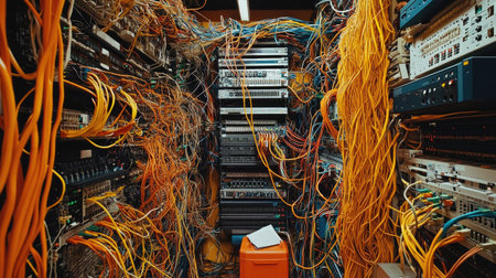 A captivating view of a network server room filled with an intricate web of colorful cables and wires, showcasing the complexity of modern technology and communication systems.の素材