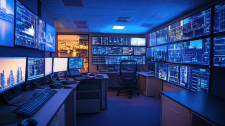 A sophisticated control room featuring numerous screens displaying complex data analytics. The vibrant blue tones enhance the modern technology atmosphere, complemented by a cityscape view at night. Ideal for topics related to technology, analytics, and workspace design.の素材