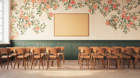 This elegant classroom setting features floral wallpaper and wooden chairs arranged in a bright space, perfect for educational activities and events.の素材