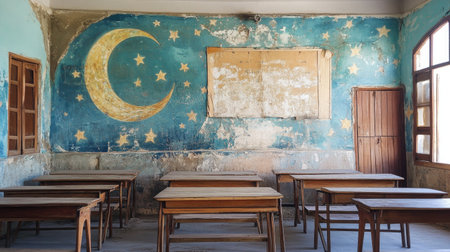 This image showcases an abandoned classroom with a captivating mural featuring a moon and stars, highlighting vintage wooden desks against a distressed wall.の素材