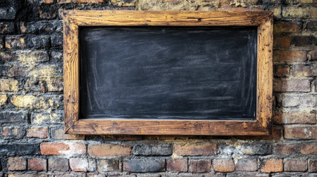 A rustic wooden framed chalkboard positioned against a weathered brick wall creates a vintage atmosphere ideal for creative projects and interior design.の素材