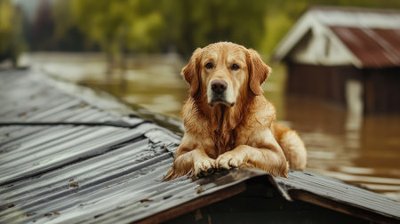 A golden retriever sits atop a rooftop, symbolizing hope amid flooding. The scene captures the emotional impact of natural disasters on both animals and humans.の素材