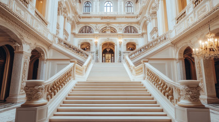 Explore the stunning interior of a historic building featuring an elegant grand staircase, intricate architectural details, and exquisite decor.の素材