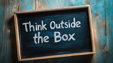 A rustic chalkboard displays the phrase "Think Outside the Box," symbolizing creativity and innovative problem-solving. Perfect for educational and motivational themes.の素材