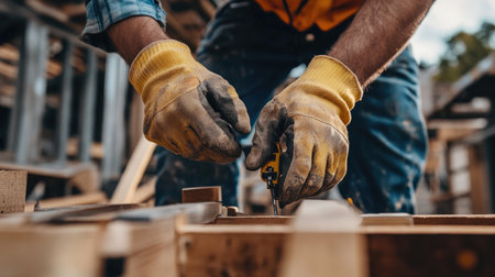 A dedicated craftsman is using measuring tools and wearing safety gloves while working on wooden planks in a vibrant construction site setting.の素材