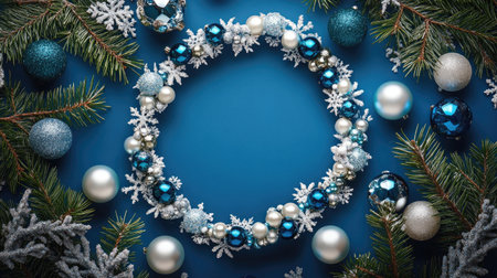This elegant Christmas wreath features a beautiful arrangement of blue and silver ornaments, accented by snowflakes and pine branches, perfect for holiday decor.の素材