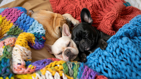 Three adorable dogs rest peacefully under colorful blankets, showcasing their friendship and comfort in a cozy indoor setting filled with warmth.の素材