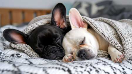 Two adorable French bulldog puppies peacefully snuggle under a soft blanket, radiating warmth and love in a cozy indoor setting, creating a heartwarming scene.の素材