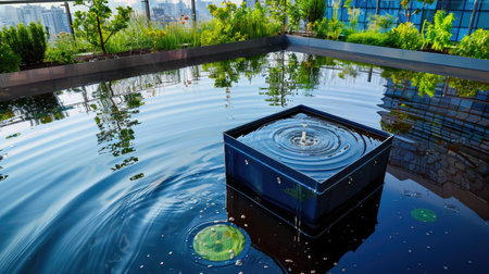A stunning urban rooftop scene showcasing a serene water feature with reflections, surrounded by lush greenery and a backdrop of the vibrant city.の素材