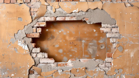 This image features a textured wall with a significant crack revealing exposed bricks. The surface shows signs of age, peeling paint, and weathering, creating a unique backdrop for various artistic and design projects.の素材