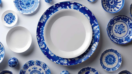 Beautifully arranged blue and white porcelain plates featuring intricate traditional designs create an elegant and artistic display ideal for culinary presentation.の素材