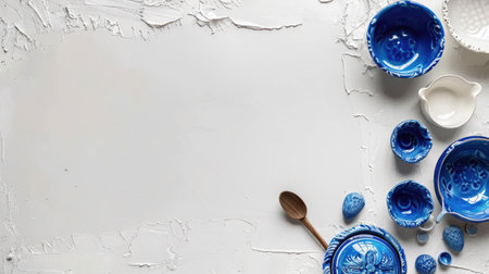 A beautifully arranged collection of blue tableware including bowls and a wooden spoon on a textured white surface, perfect for culinary presentations.の素材