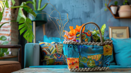 A vibrant decorative basket holds colorful tropical plants and cushions, creating a stylish and cozy atmosphere in a modern living room.の素材