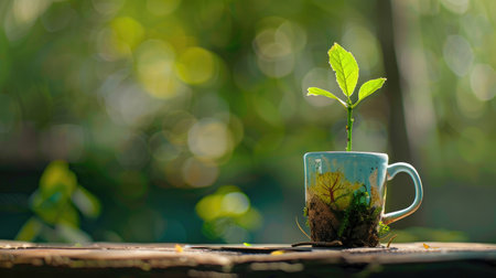 A serene scene showcasing a small green plant emerging from a colorful mug filled with soil, symbolizing growth and renewal in nature.の素材