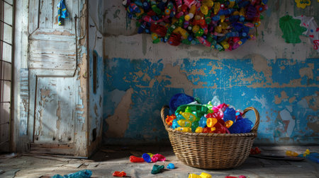 This image showcases a vibrant scene in an abandoned room filled with colorful plastic waste. A woven basket, surrounded by brightly colored items, evokes themes of pollution and sustainability.の素材