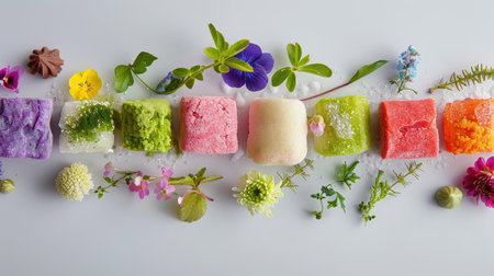 A visually appealing arrangement of colorful edible ice cubes placed with fresh herbs and flowers on a bright background, perfect for creative food presentation.の素材